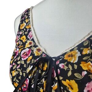 American Rag Cie Boho Floral Corset Top S Black Pink Yellow Lace Up Milkmaid Y2K